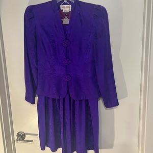 Vintage, two-piece jacket skirt combo in royal purple silk with embossed damask